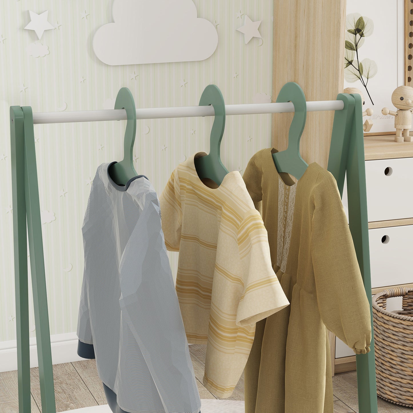 AIYAPLAY Baby Clothing Rack With Hangers And Storage Shelf For Bedroom Ages 3 To 6 Green Leaf Theme