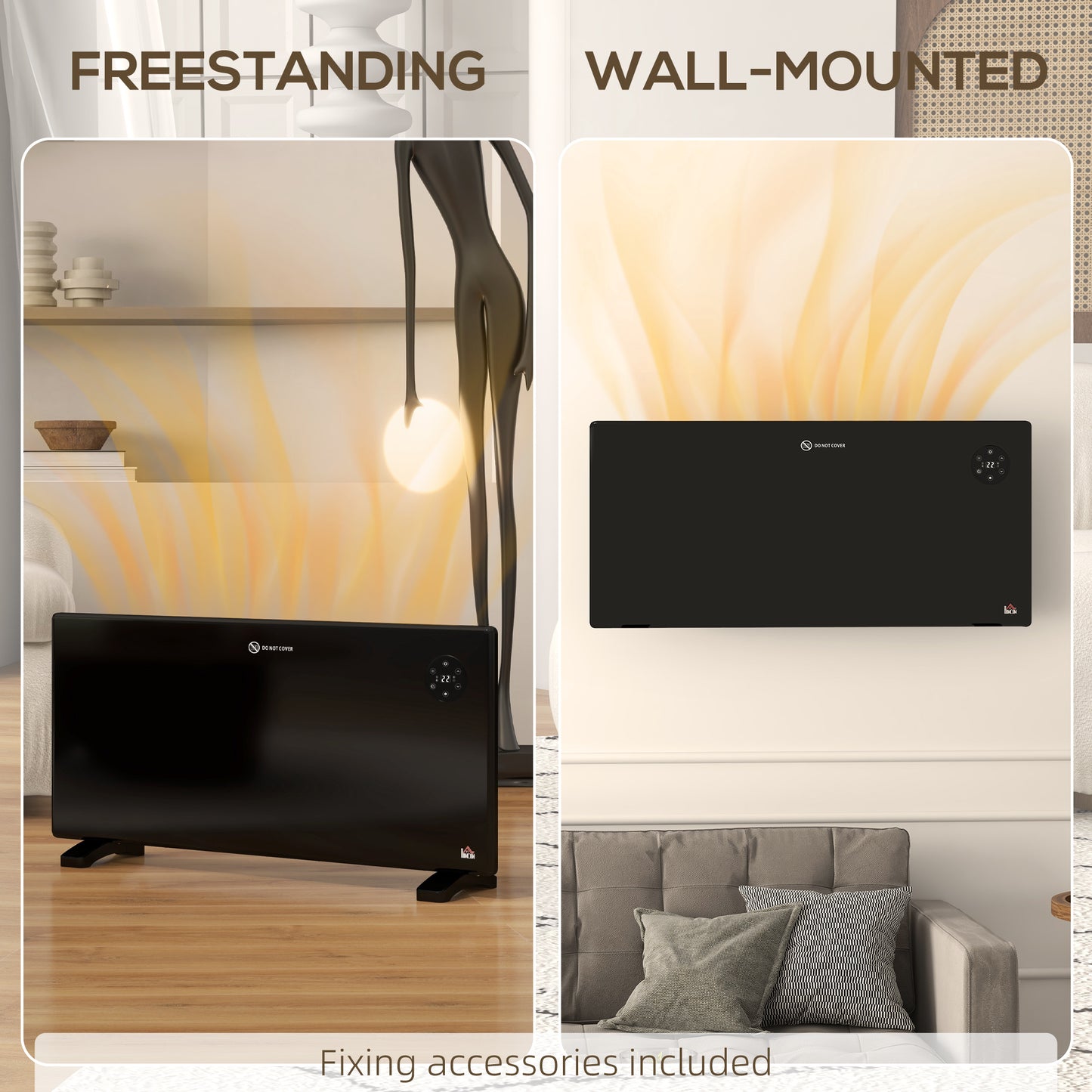 HOMCOM 2000W Electric Convector Heater Freestanding Or Wall Mounted With Adjustable Thermostat And Timer Black