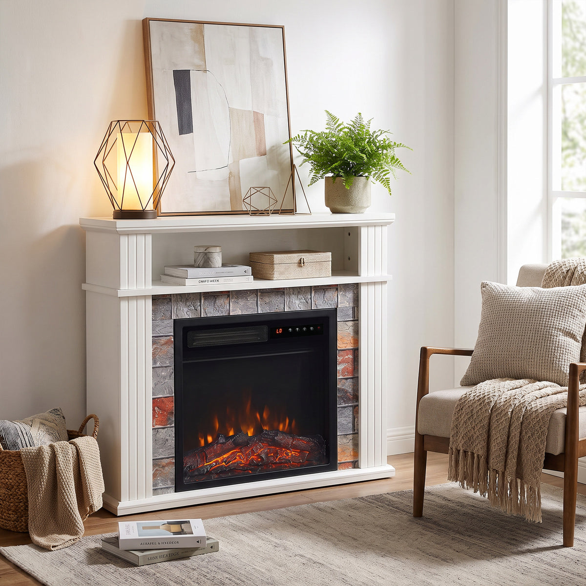 White electric fireplace TV stand with open shelves and LED flame fireplace with stone panel.