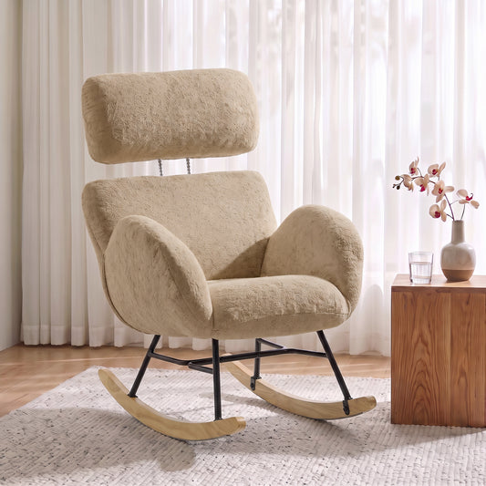 HOMCOM Upholstered Rocking Chair with Adjustable Headrest Light Brown Velvet