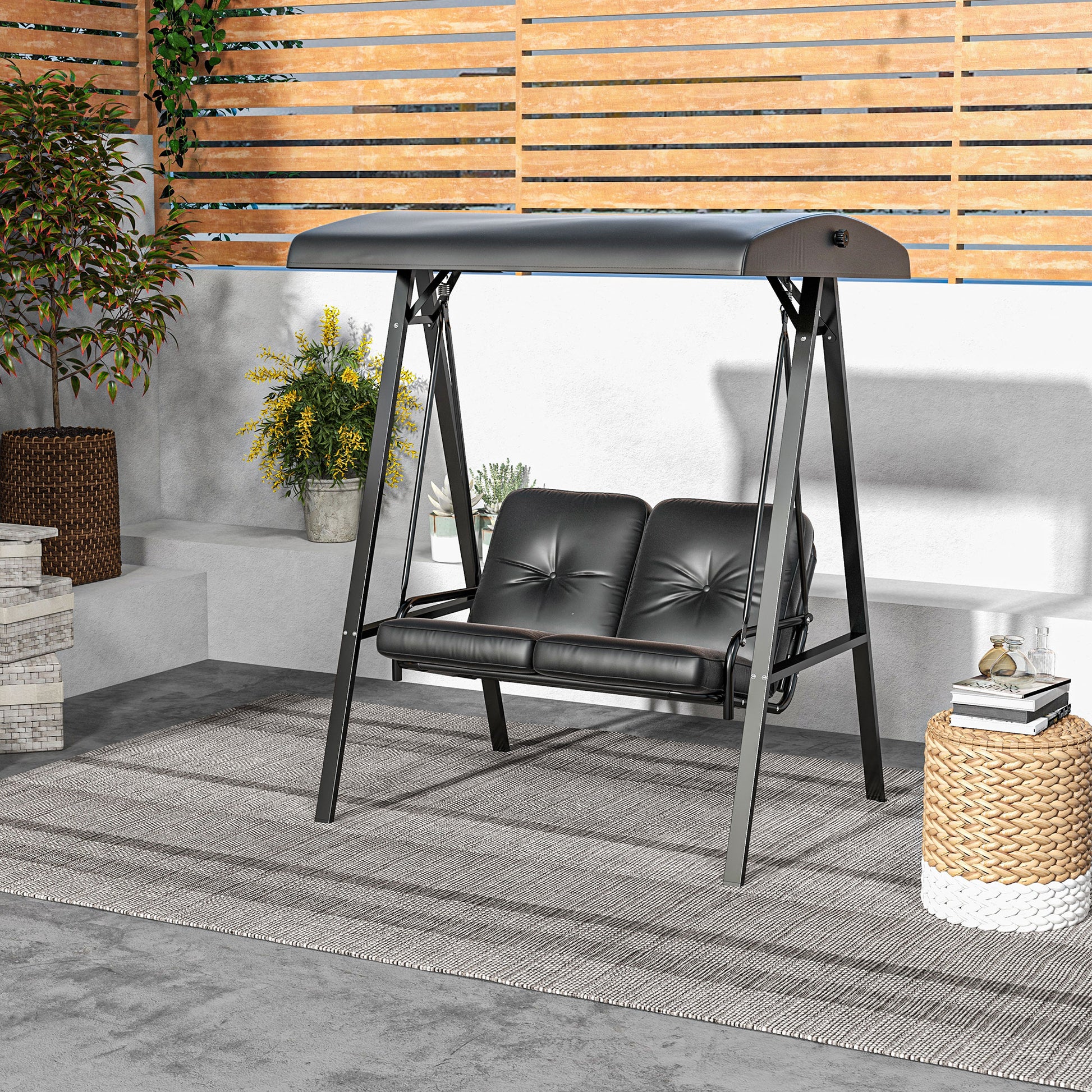 Outsunny Black Two-Seater Outdoor Swing Chair with Adjustable Canopy and Steel Frame for Patio Relaxation - ALL4U RETAILER LTD