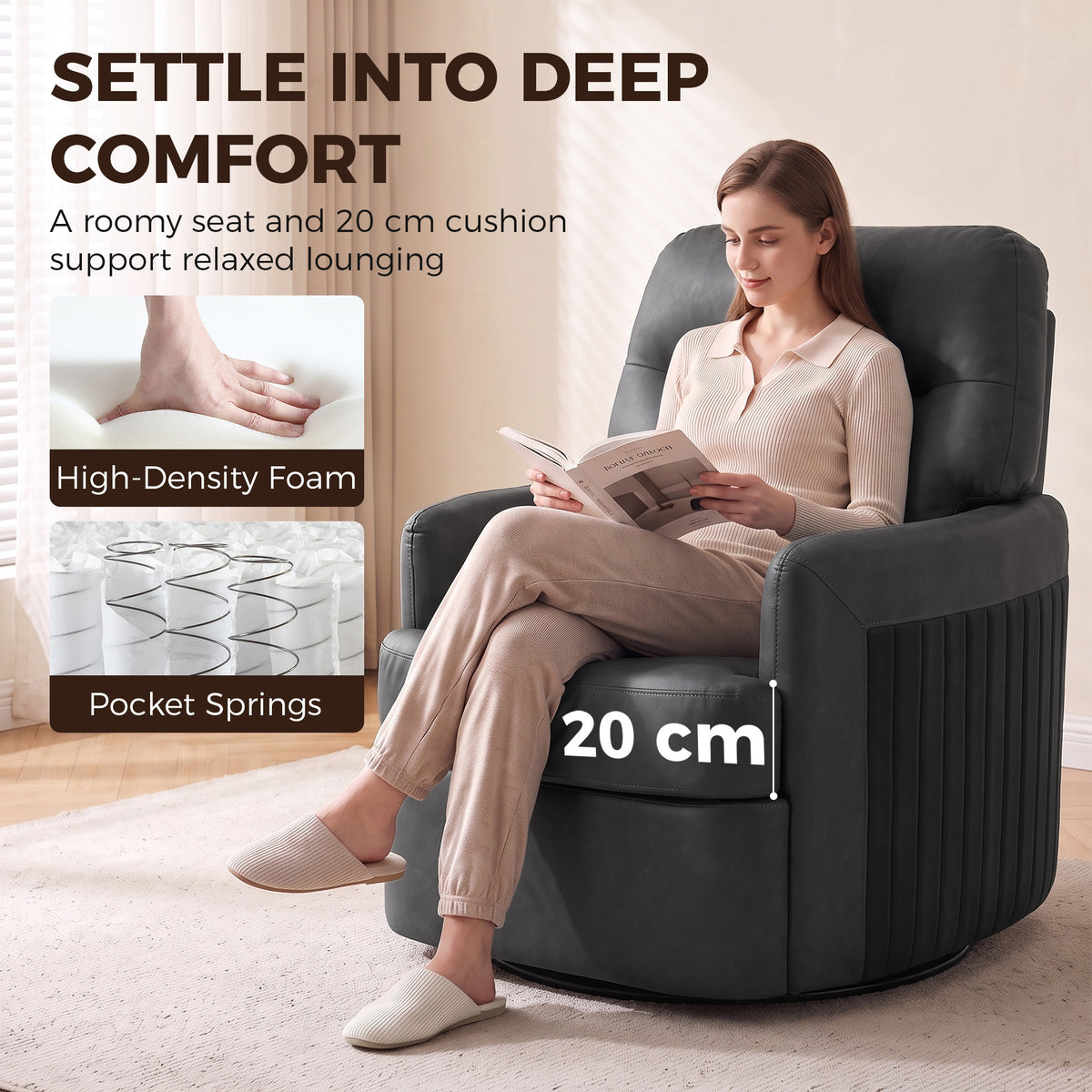 Dark grey PU leather swivel accent chair with deep seat and tall cushioned backrest