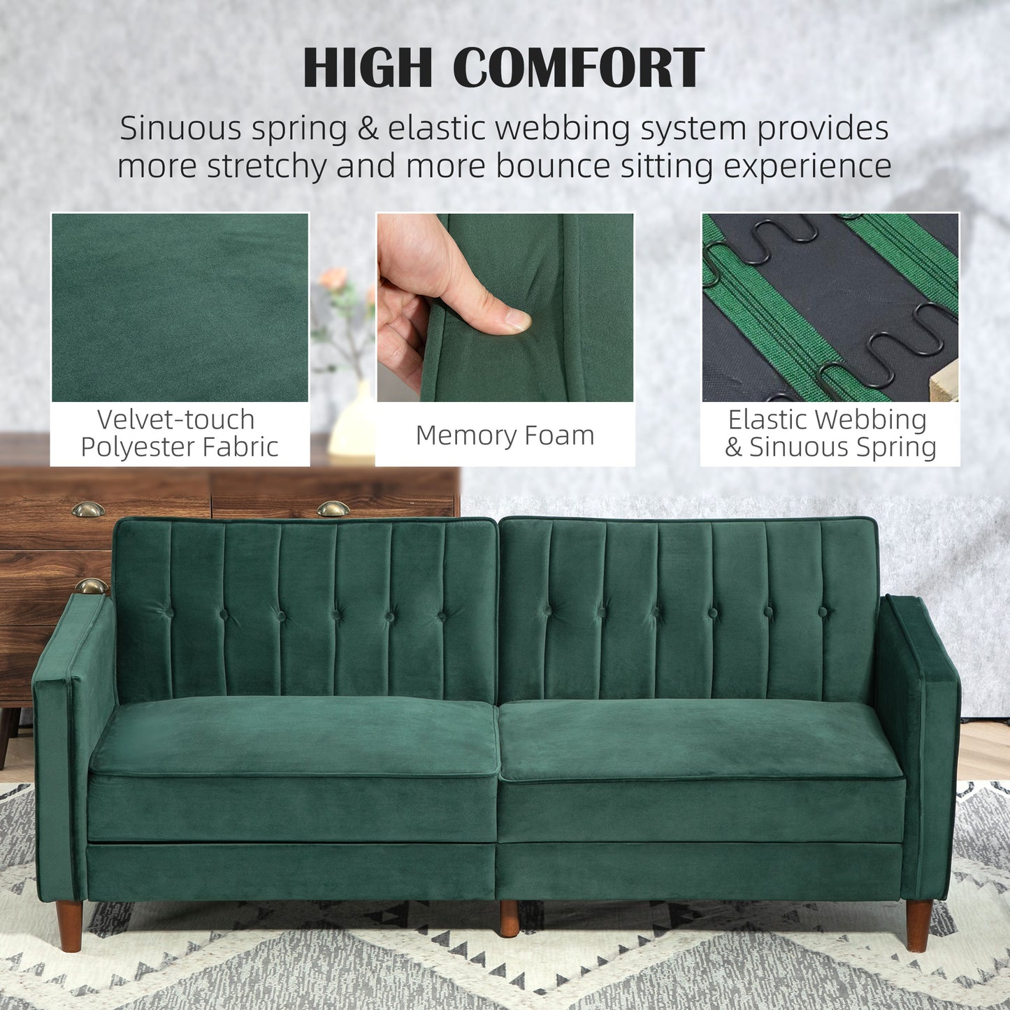 HOMCOM Velvet Feel Three Seater Sofa Bed Green With Thick Cushions For Day And Night Comfort