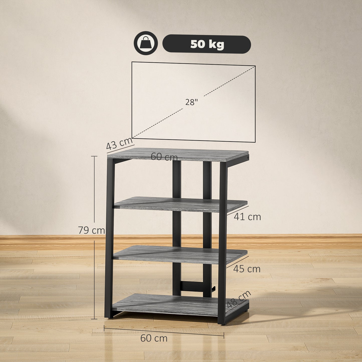 HOMCOM HiFi Stand With Four Storage Shelves In Dark Grey Adjustable Middle Shelves And Sturdy Steel Frame