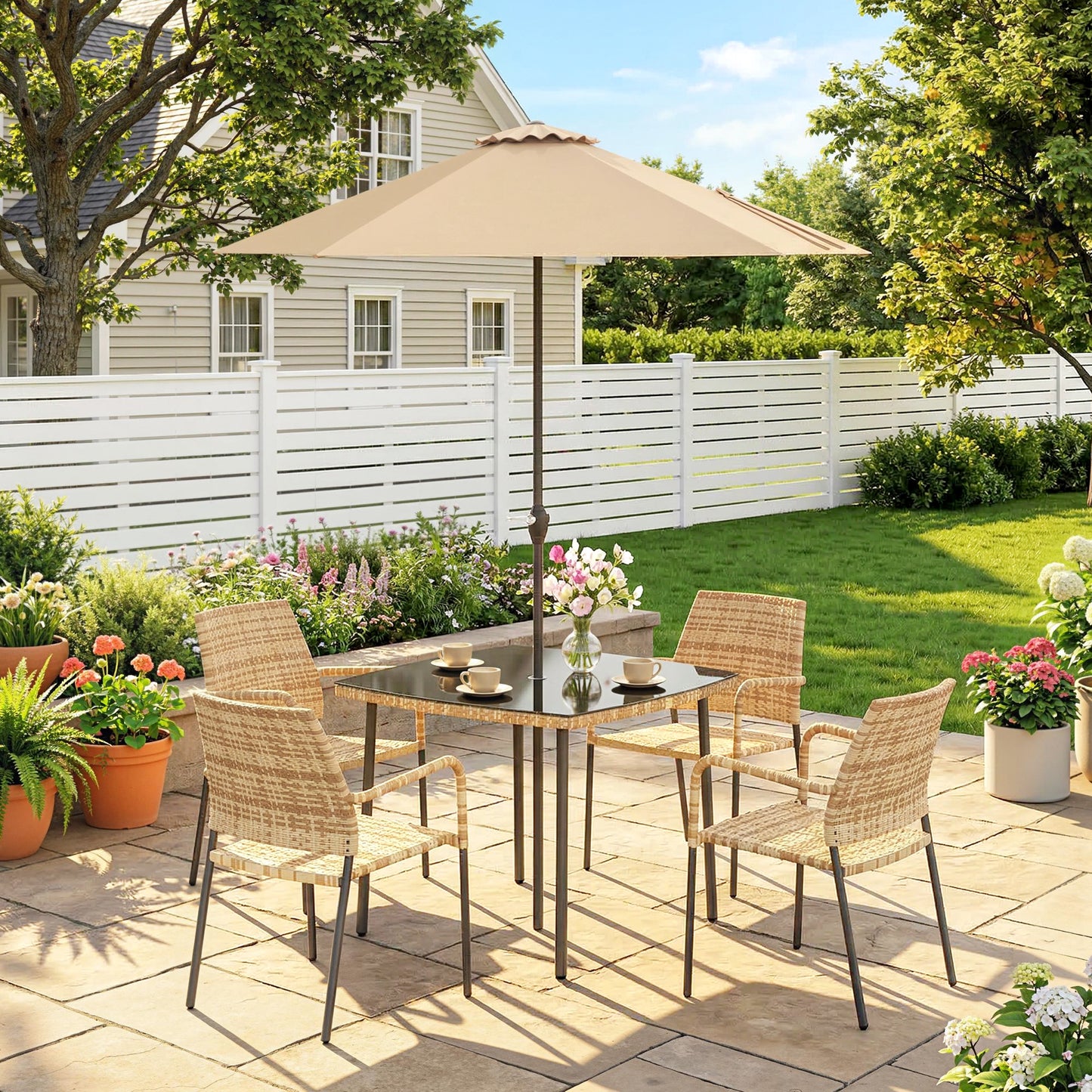 Outsunny 4 Seater Rattan Dining Set With Parasol 6 Piece Garden Table And Stackable Chairs With Tempered Glass Tabletop