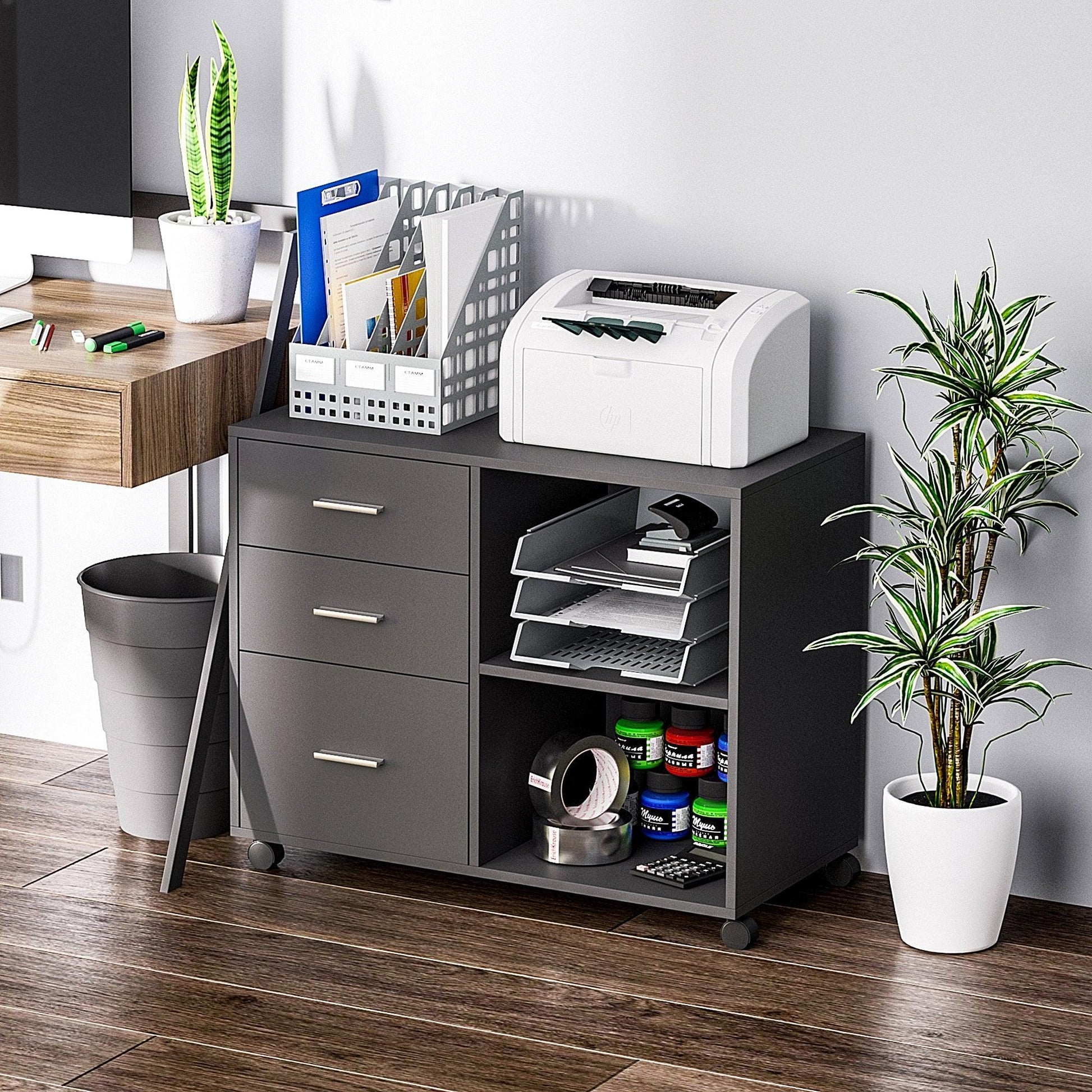 HOMCOM Printer Stand with Storage: Modern 3 Drawers & Shelves - ALL4U RETAILER LTD