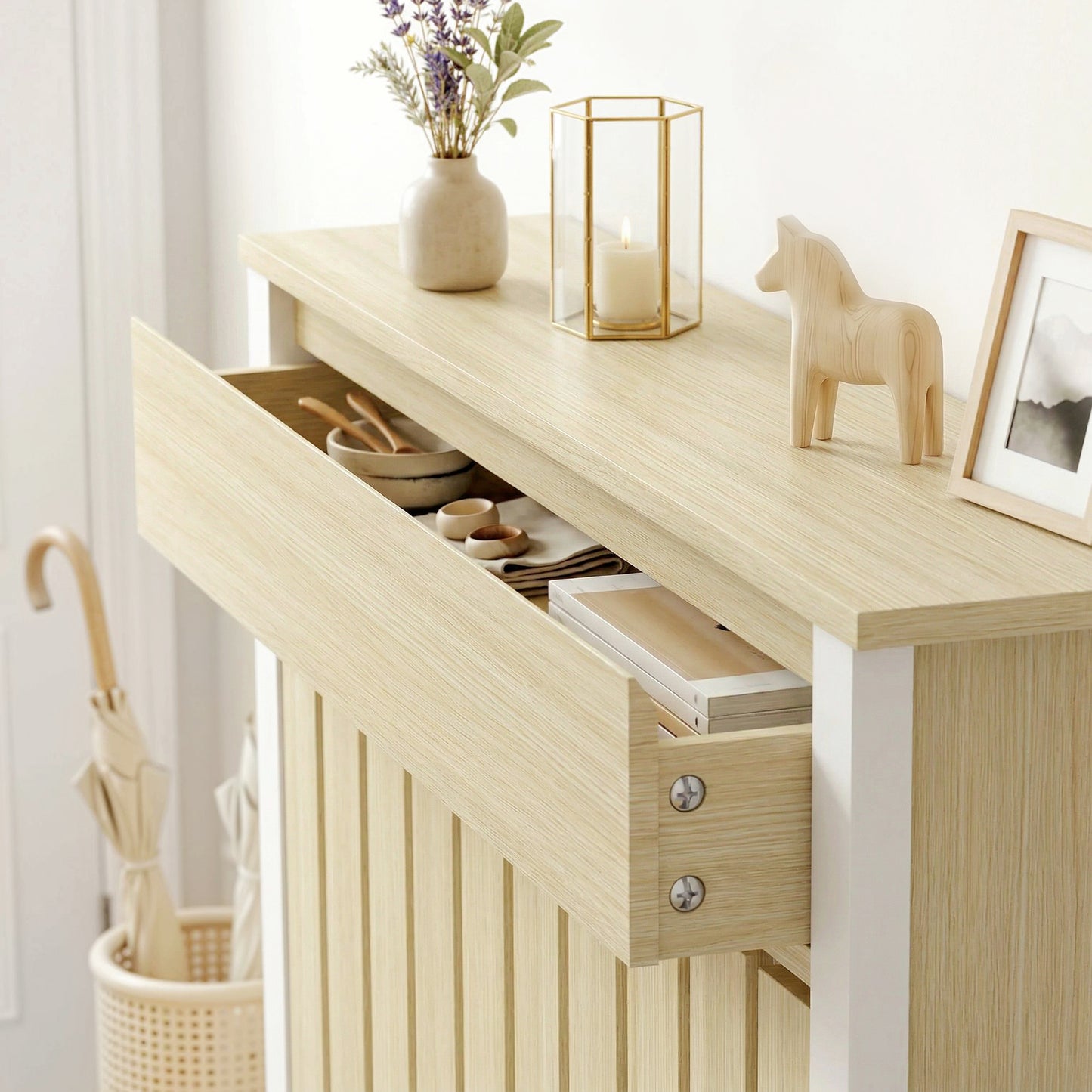 HOMCOM 93 x 88.5 cm Rustic Oak Radiator Cover With White Frame And Slatted Design