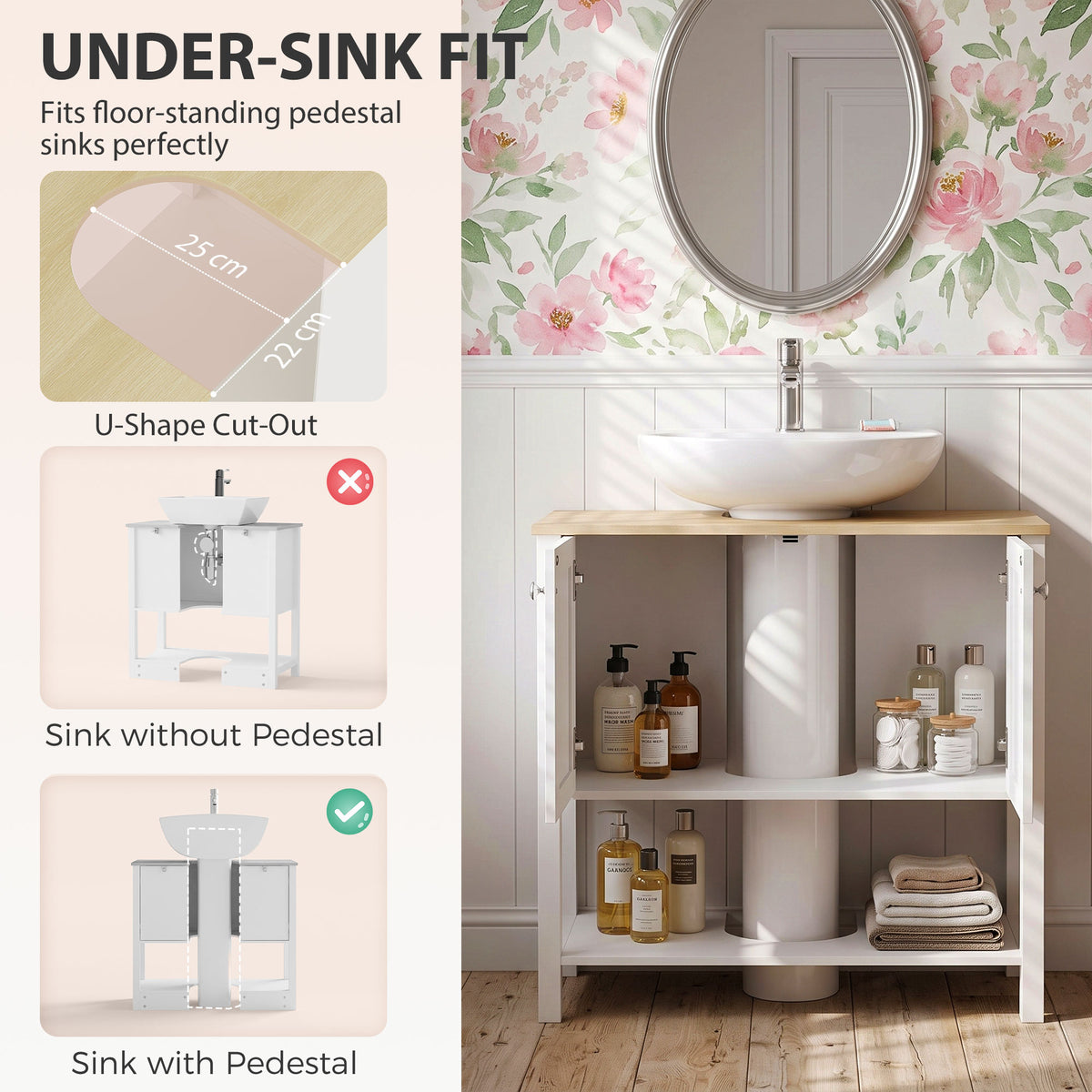 Under-sink cabinet with U-shaped cutout for pedestal sink, two doors, open shelf.