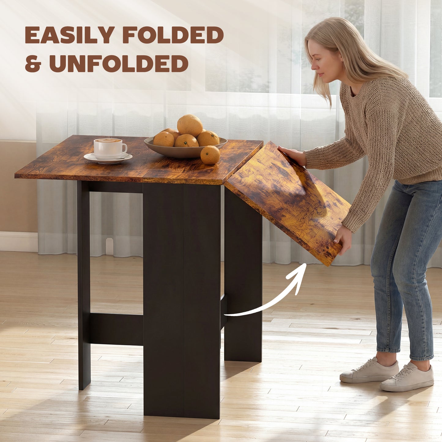 HOMCOM Folding Dining Table Space Saving Drop Leaf Kitchen Table For 4 To 6 People Rustic Brown