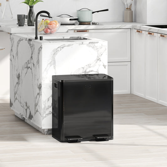 HOMCOM 40L Dual Compartment Stainless Steel Bin With Deodoriser Holders Glossy Black