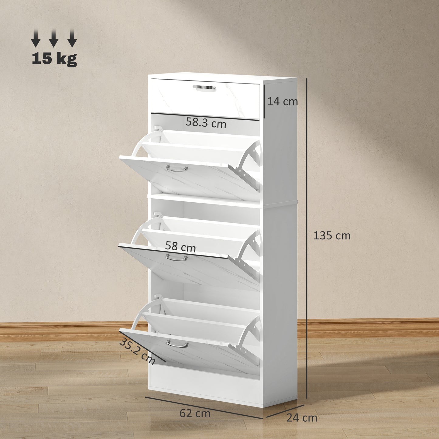 HOMCOM Marble White Shoe Storage Cabinet With 3 Flip Drawers Top Drawer And Adjustable Shelves Hallway Cabinet