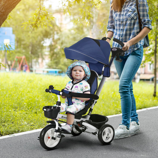 HOMCOM 4-in-1 Convertible Toddler Tricycle with Parent Handle for Ages 1-5, Dark Blue - ALL4U RETAILER LTD