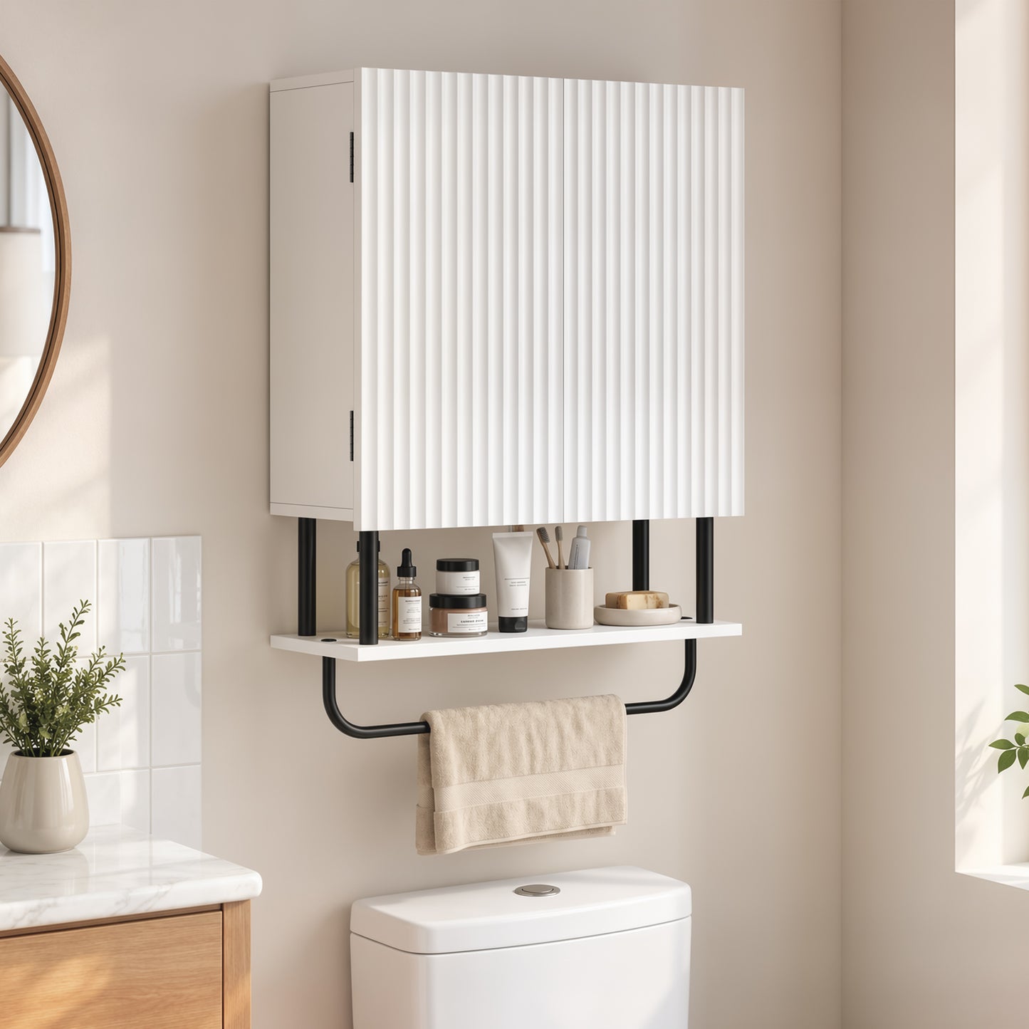 White wall-mounted bathroom cabinet with ribbed door, open shelf, and black towel bar