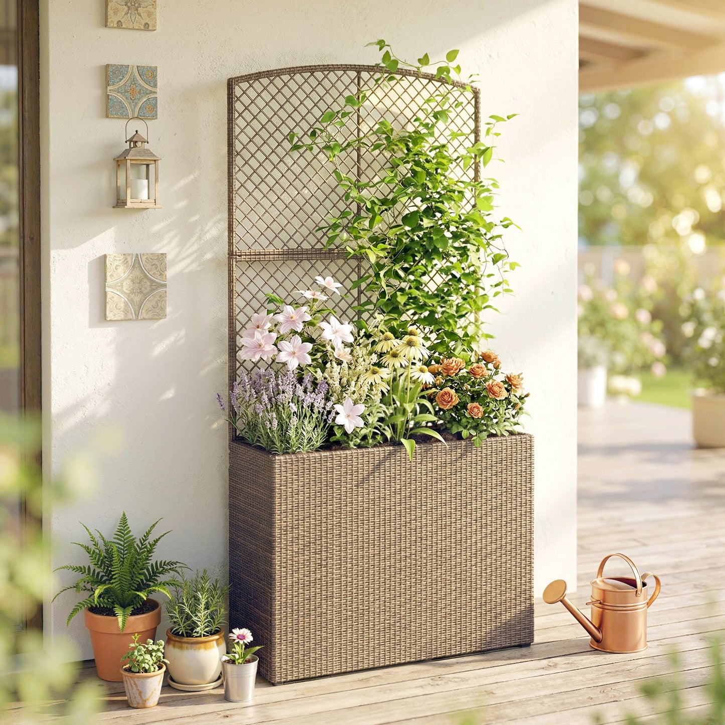 Outsunny Rattan Planter With Trellis Raised Bed For Garden With Liner Climbing Plants Vegetables Flowers Light Grey