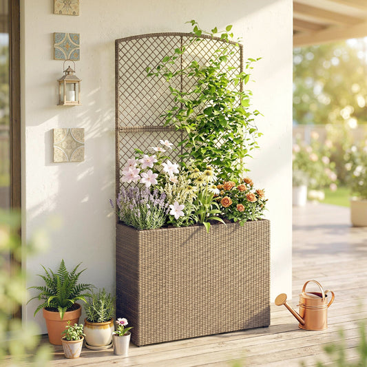 Outsunny Rattan Planter With Trellis Raised Bed For Garden With Liner Climbing Plants Vegetables Flowers Light Grey