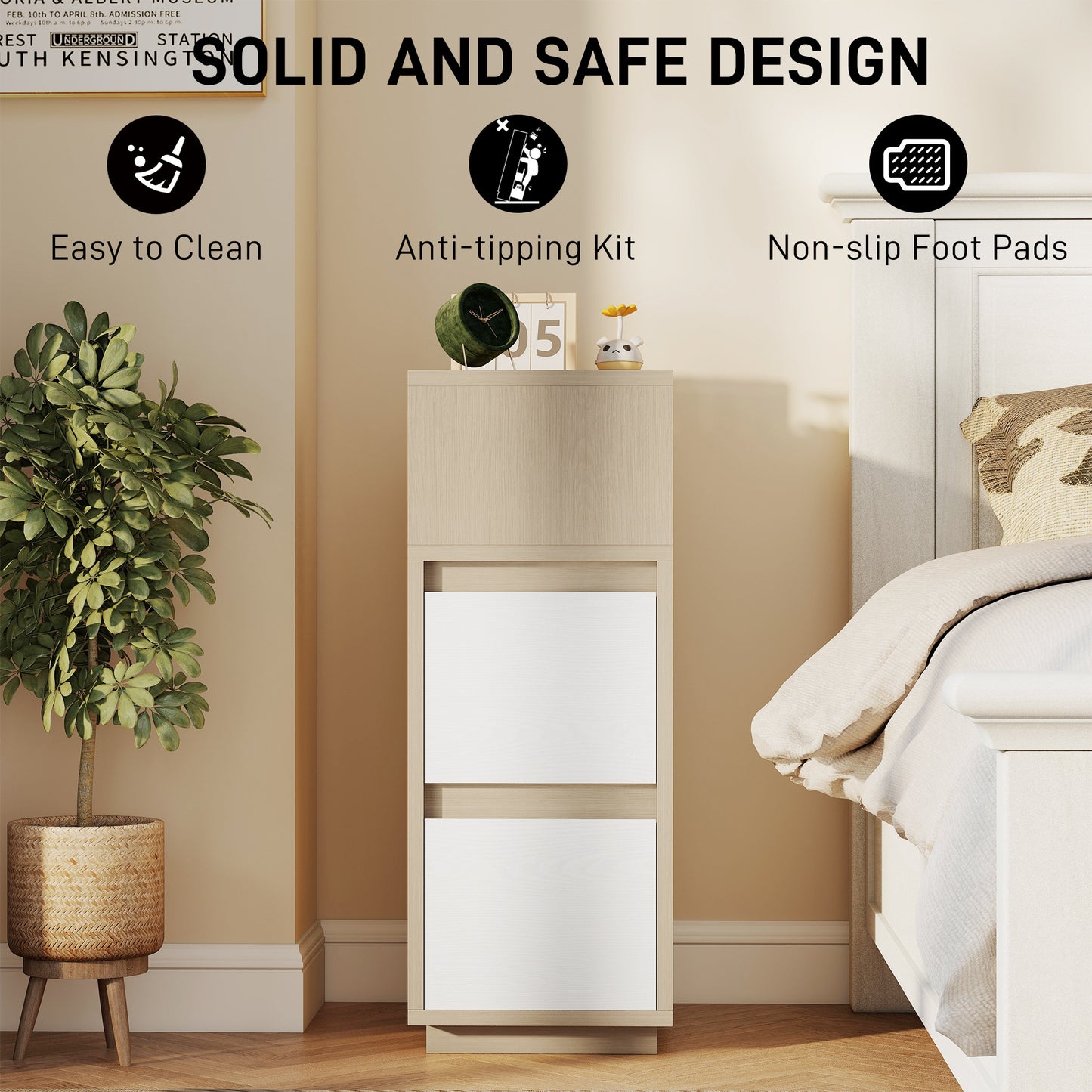 HOMCOM Slim Bedside Table Narrow Cabinet With Open Shelf And Two Drawers Natural Wood Finish For Bedroom And Living Room