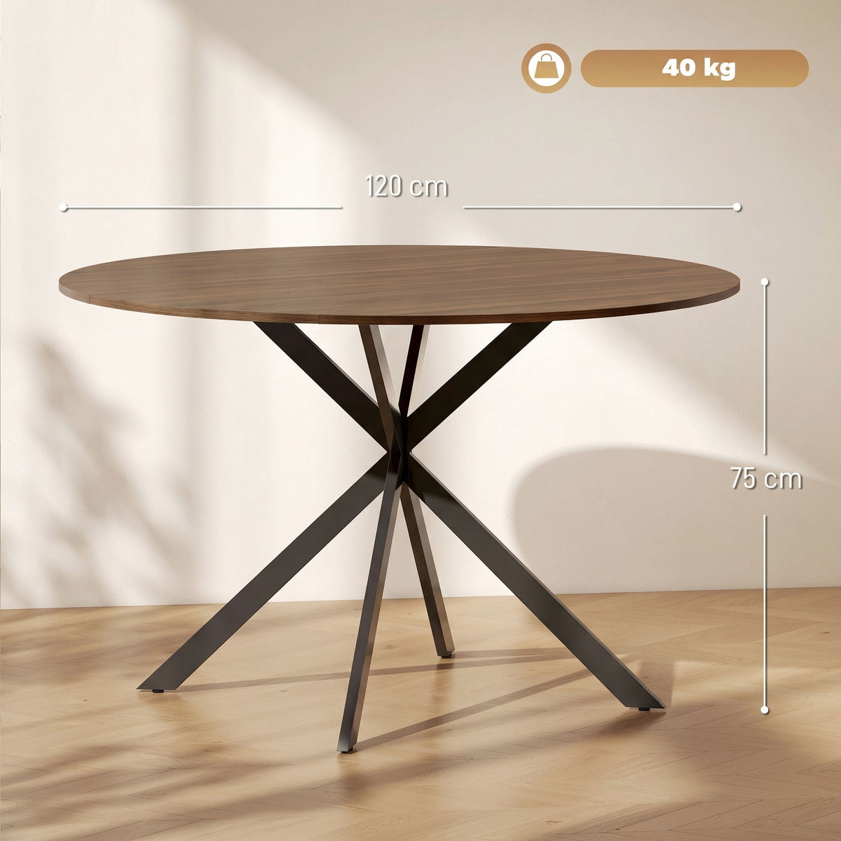 Round dining table with brown top, black X legs, 120 cm diameter.