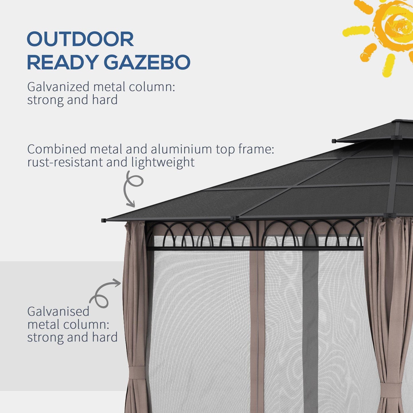 Outsunny 3.6 x 3 (m) Outdoor Polycarbonate Gazebo, DoubleÂ Roof Hard Top Gazebo with NettingsÂ &Â Curtains for Garden, Lawn, Patio - ALL4U RETAILER LTD