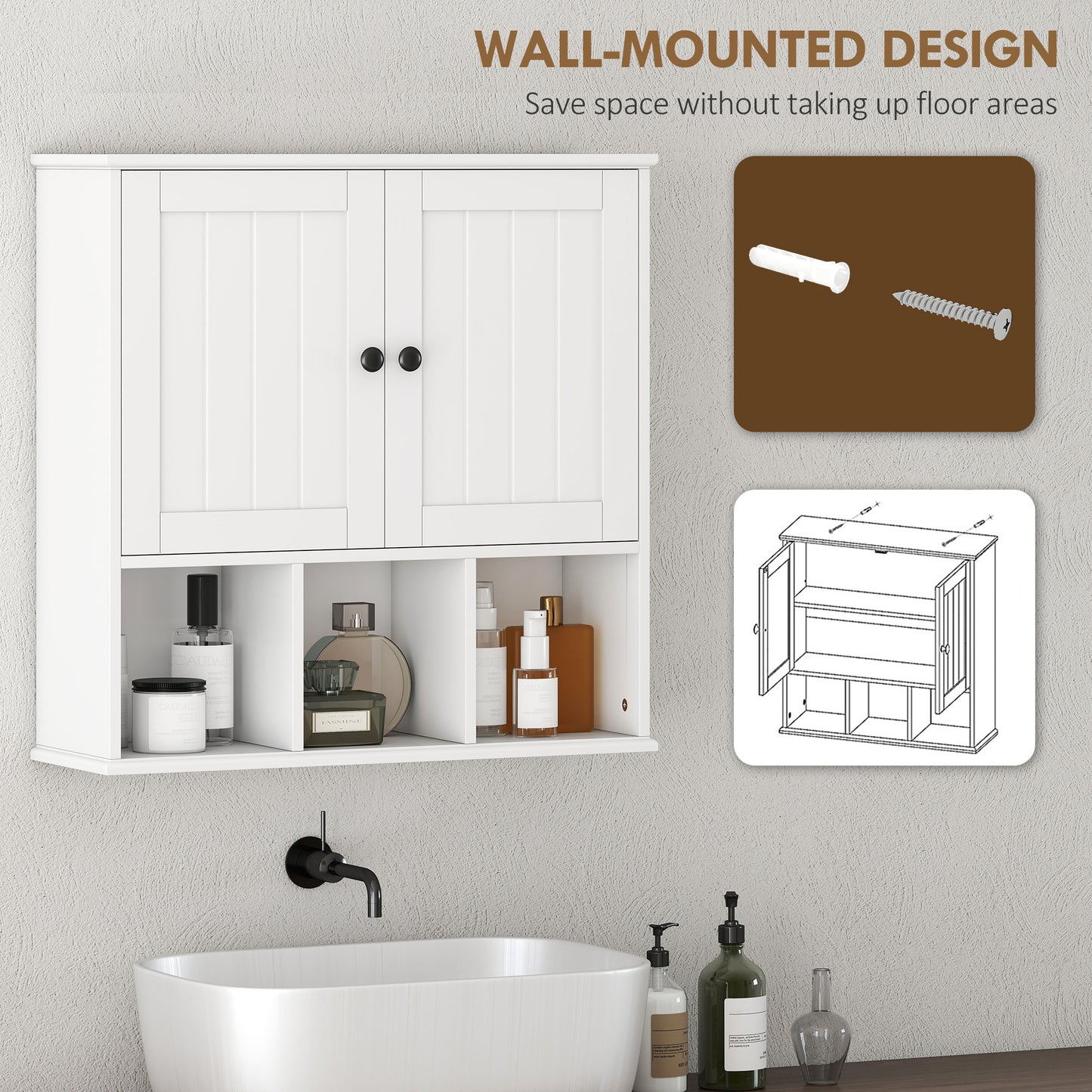 HOMCOM Farmhouse Wall Mounted Bathroom Cabinet With Adjustable Shelf Double Doors Open Compartments White