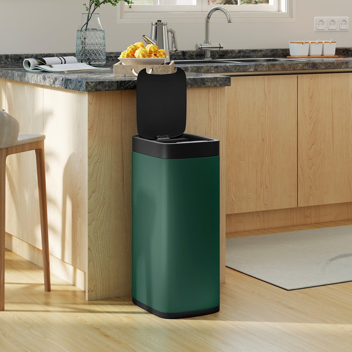 Homcom 50L Sensor Bin Automatic Kitchen Bin With Manual Override Battery Operated Handsfree Lid Inner Bucket Free Design