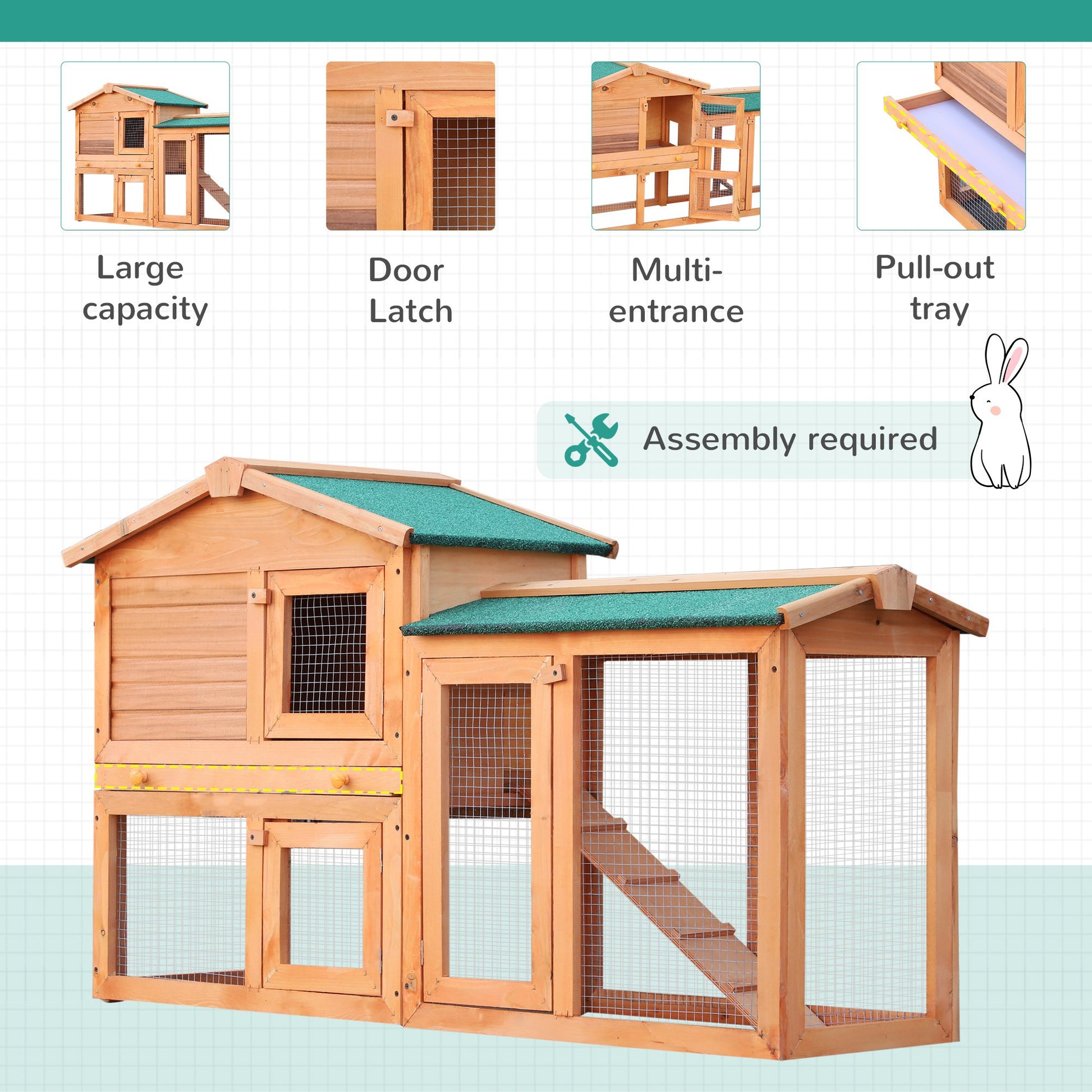 PawHut 2-Story Fir Wood Rabbit Hutch with Ramp and Outdoor Run - Brown - ALL4U RETAILER LTD