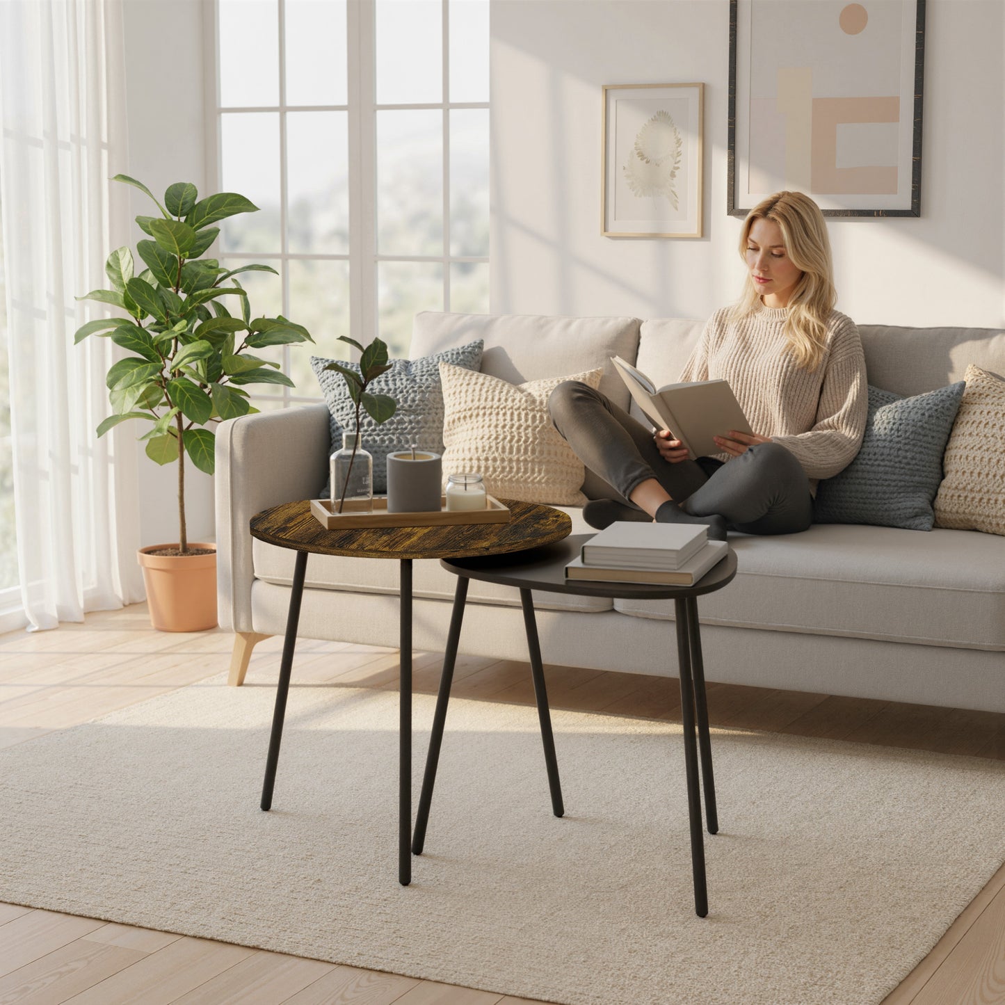 HOMCOM Nesting Side Table Set Of 2 Rustic Brown Space Saving Wood Effect Furniture