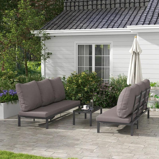 Outsunny 3-Piece Garden Sun Loungers Set with Cushion - 5-Level Adjustable Outdoor Recliner Bed Set with Glass Top Table, 2-in-1 Design, Aluminium Frame, Lounge or Sofa Bed, Grey - ALL4U RETAILER LTD