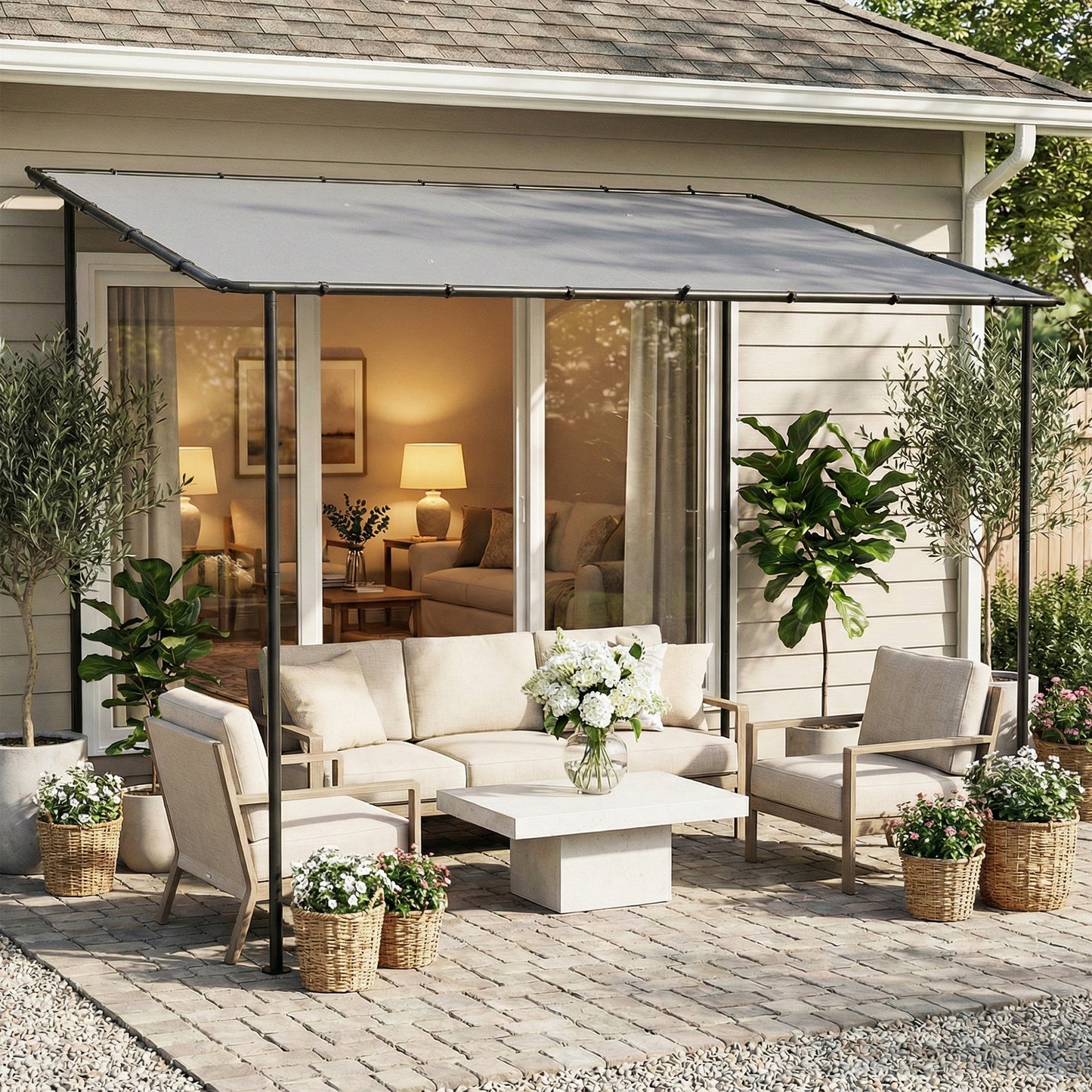 Outsunny 3 x 2 m Lean To Garden Pergola With Metal Frame Gazebo Sloped Roof UPF 30 Protection Drainage Holes Grey