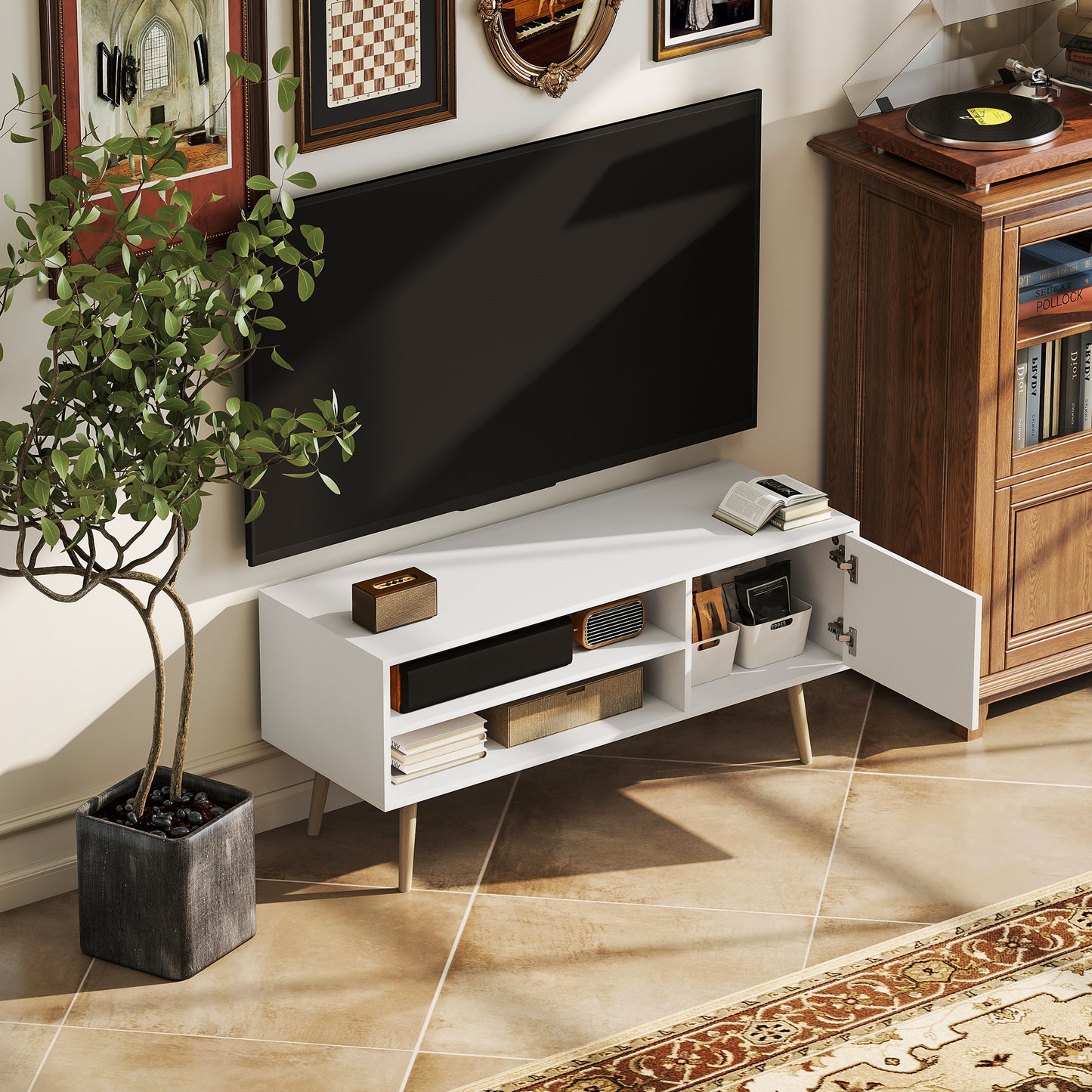 HOMCOM TV Stand Up To 55 Inches White Media Console With Open Shelves And Cable Holes