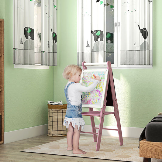 AIYAPLAY Three In One Kids Easel With Paper Roll Blackboard Whiteboard Adjustable Height Pink