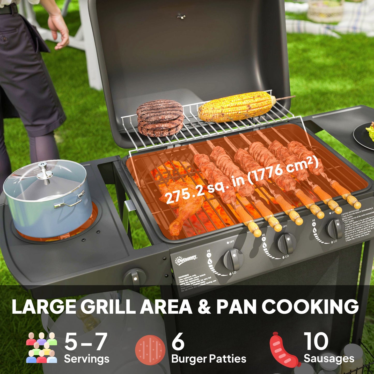 Outsunny Four Burner Gas Grill BBQ With Side Burner Warming Rack 1776 Cm2 Grilling Area Black