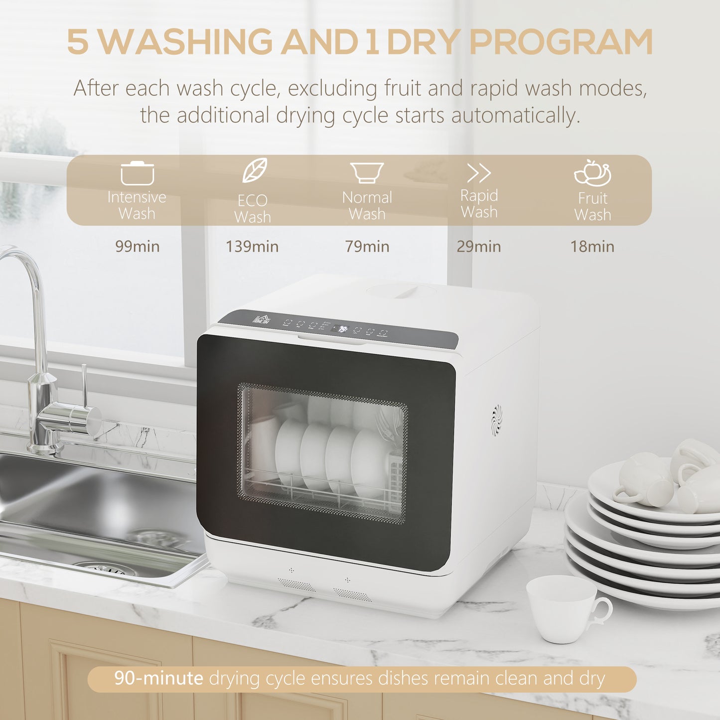 HOMCOM 6L Five Modes Tabletop Dishwasher White Compact Kitchen Appliance Fruit Wash