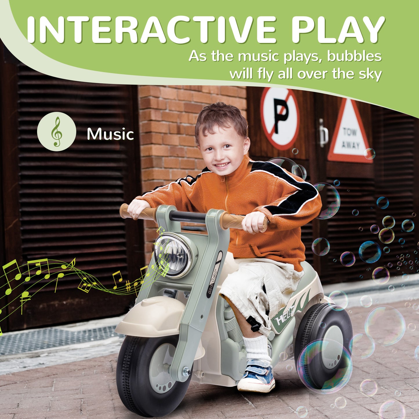 AIYAPLAY Cream White Bubble Music Motorcycle Ride-On Car for Toddlers Aged 2-5