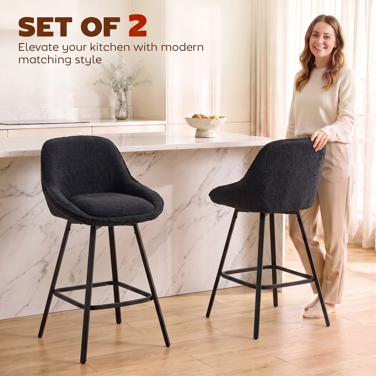 Set of 2 black counter-height swivel bar stools with thick cushioned seats and arms-free design