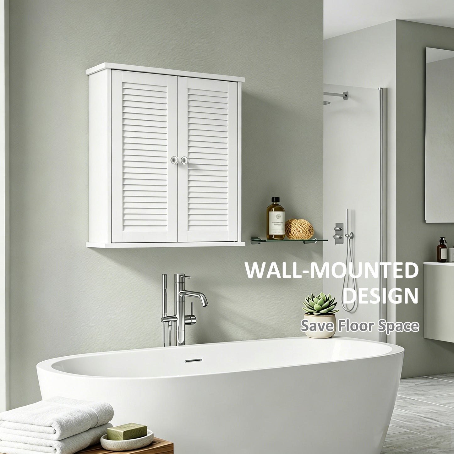 HOMCOM White Bathroom Wall Cabinet With Louvered Doors And Adjustable Shelf For Bathroom Storage