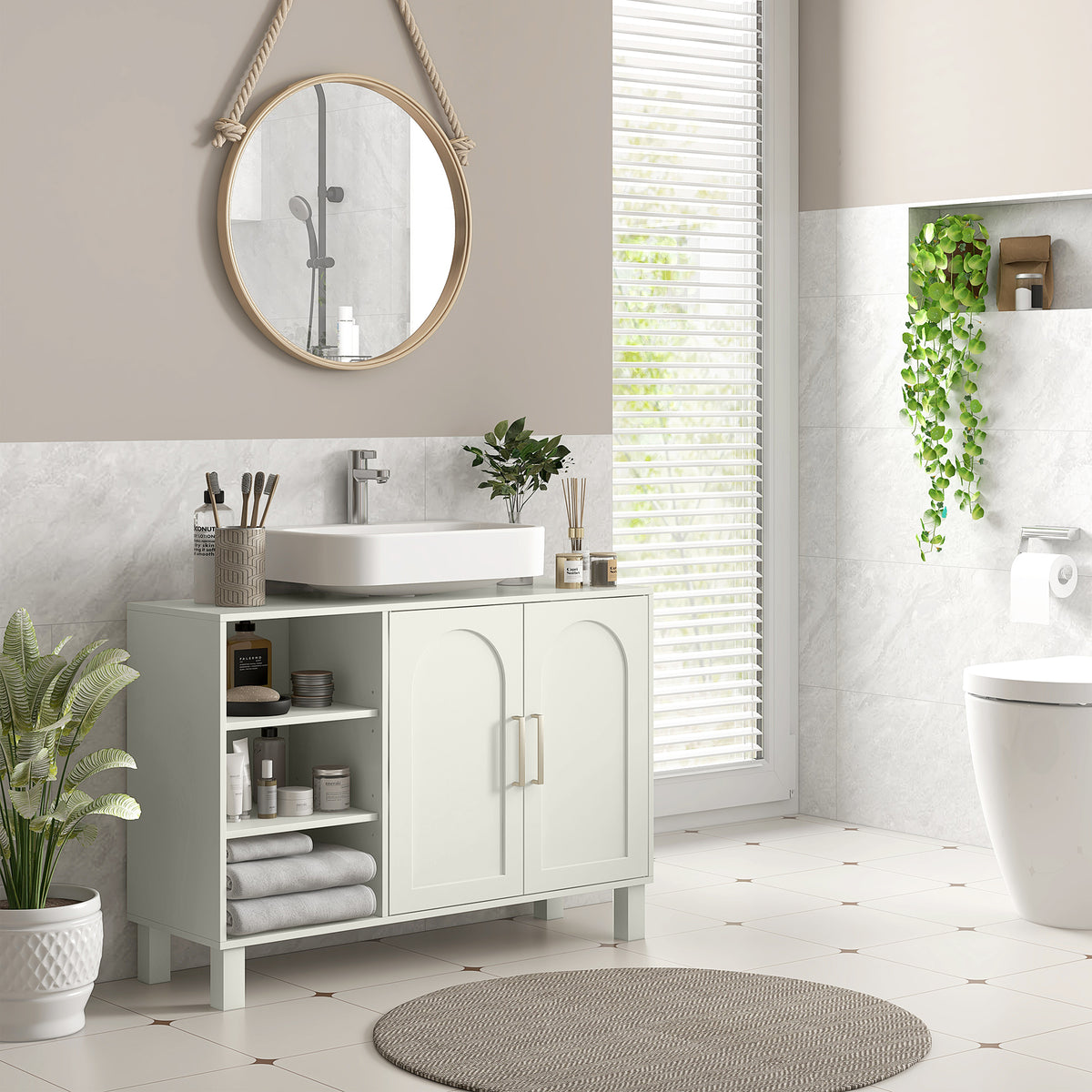 Cream bathroom under-sink cabinet with U-shaped cutout and two arch-style doors