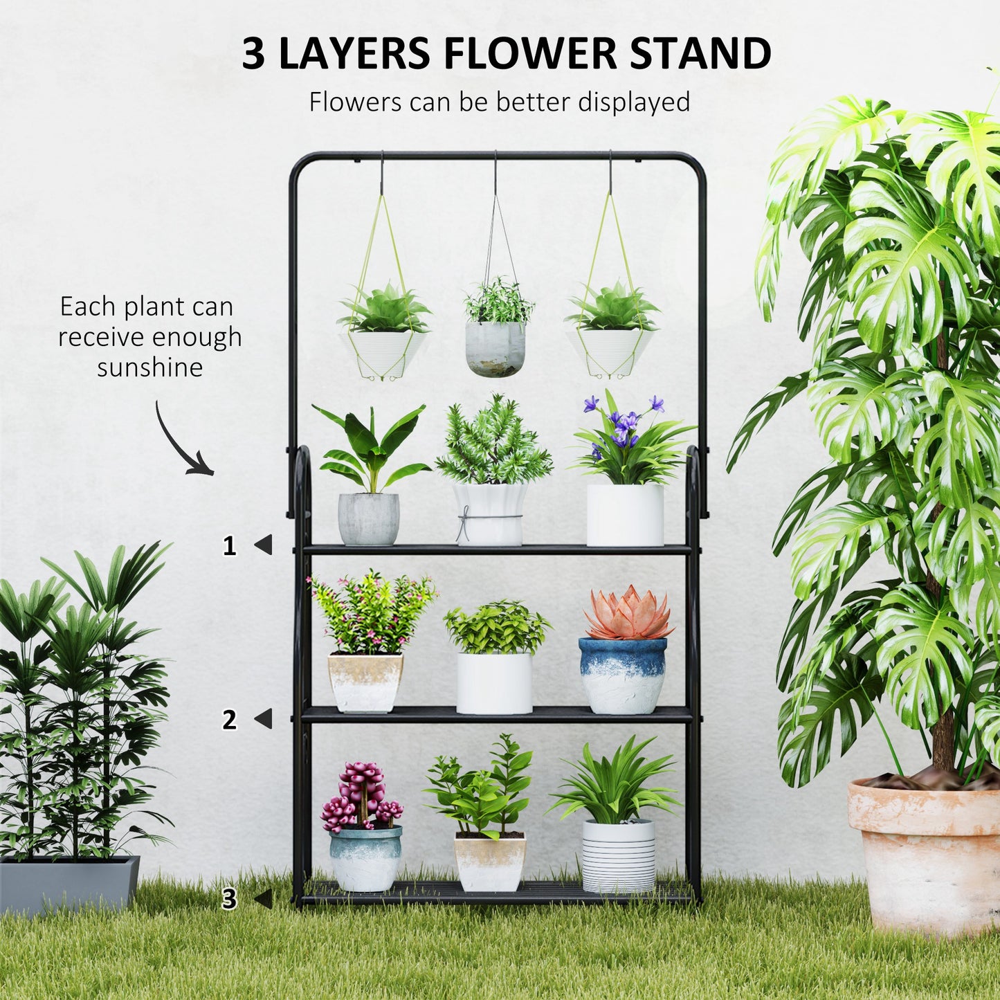 Outsunny 3 Tier Plant Stand With Hanging Rod And Hooks Metal Rack For Indoor Outdoor Porch Balcony Black