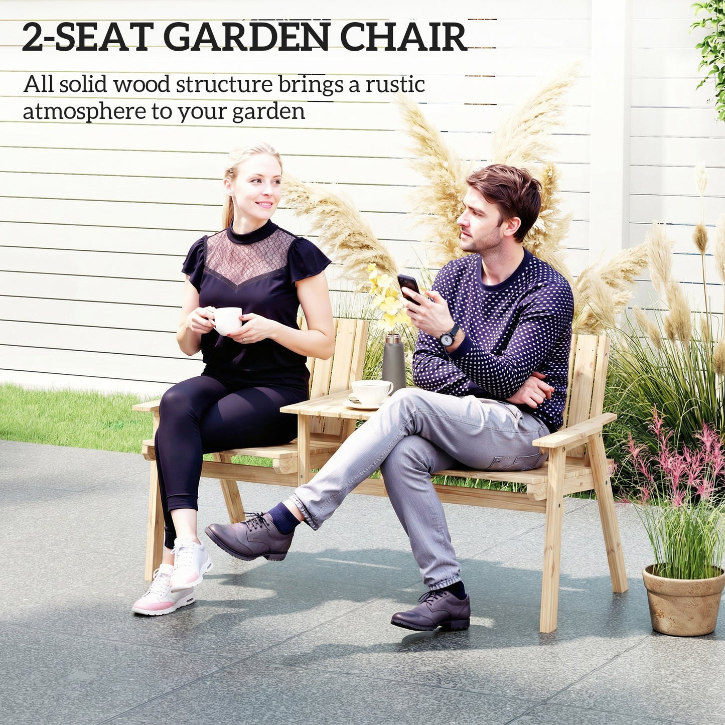Outsunny 2 Seater Outdoor Garden Loveseat With Table And Parasol Hole In Natural Fir Wood Finish