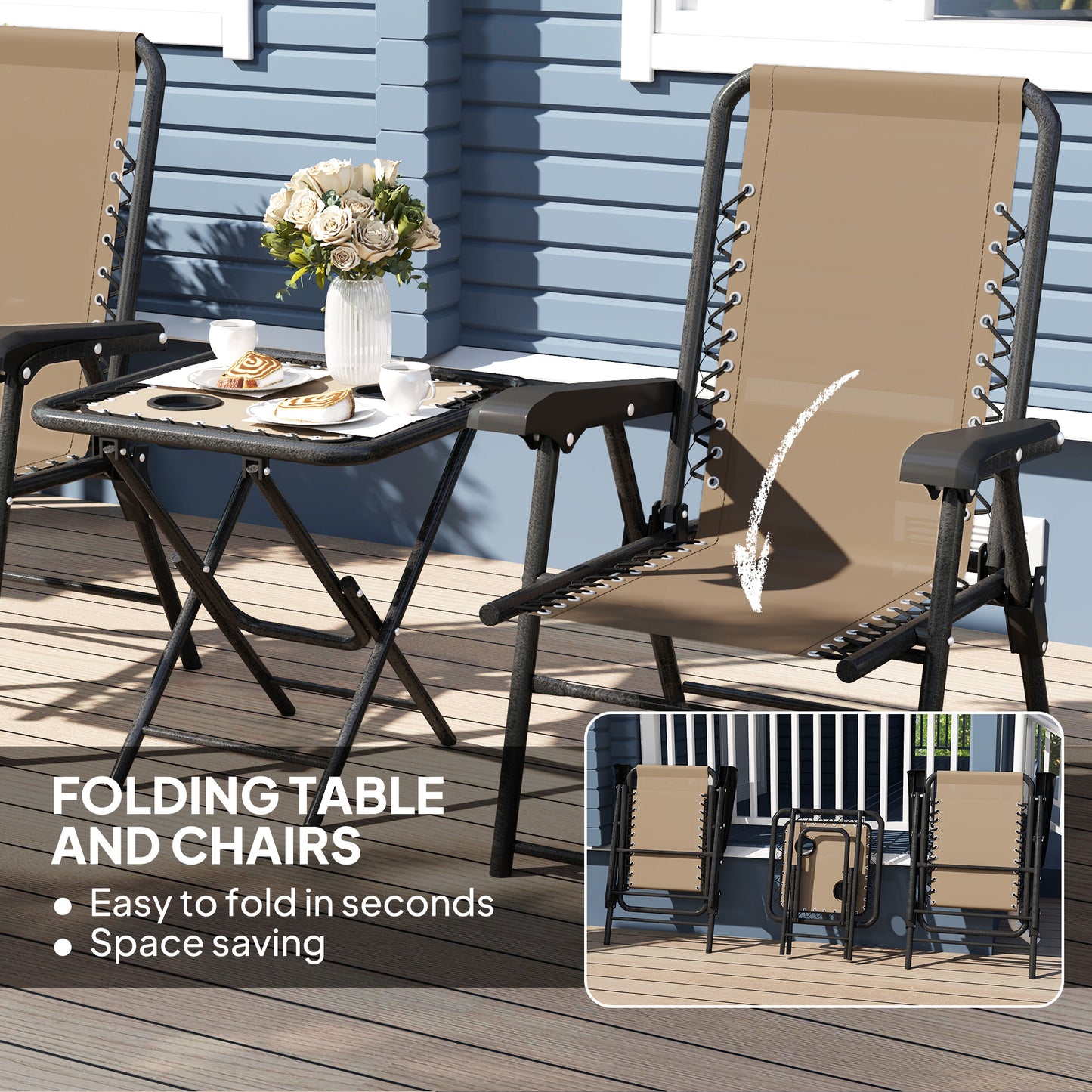 Outsunny Three Piece Garden Table And Chair Set In Khaki With Powder Coated Steel Frame And Textiline Fabric