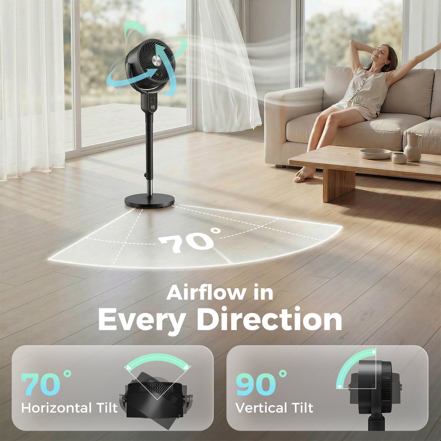 HOMCOM 42 Inch Silent Pedestal Fan For Bedroom With Remote Control 90 Degree Oscillation 8 Speeds Black