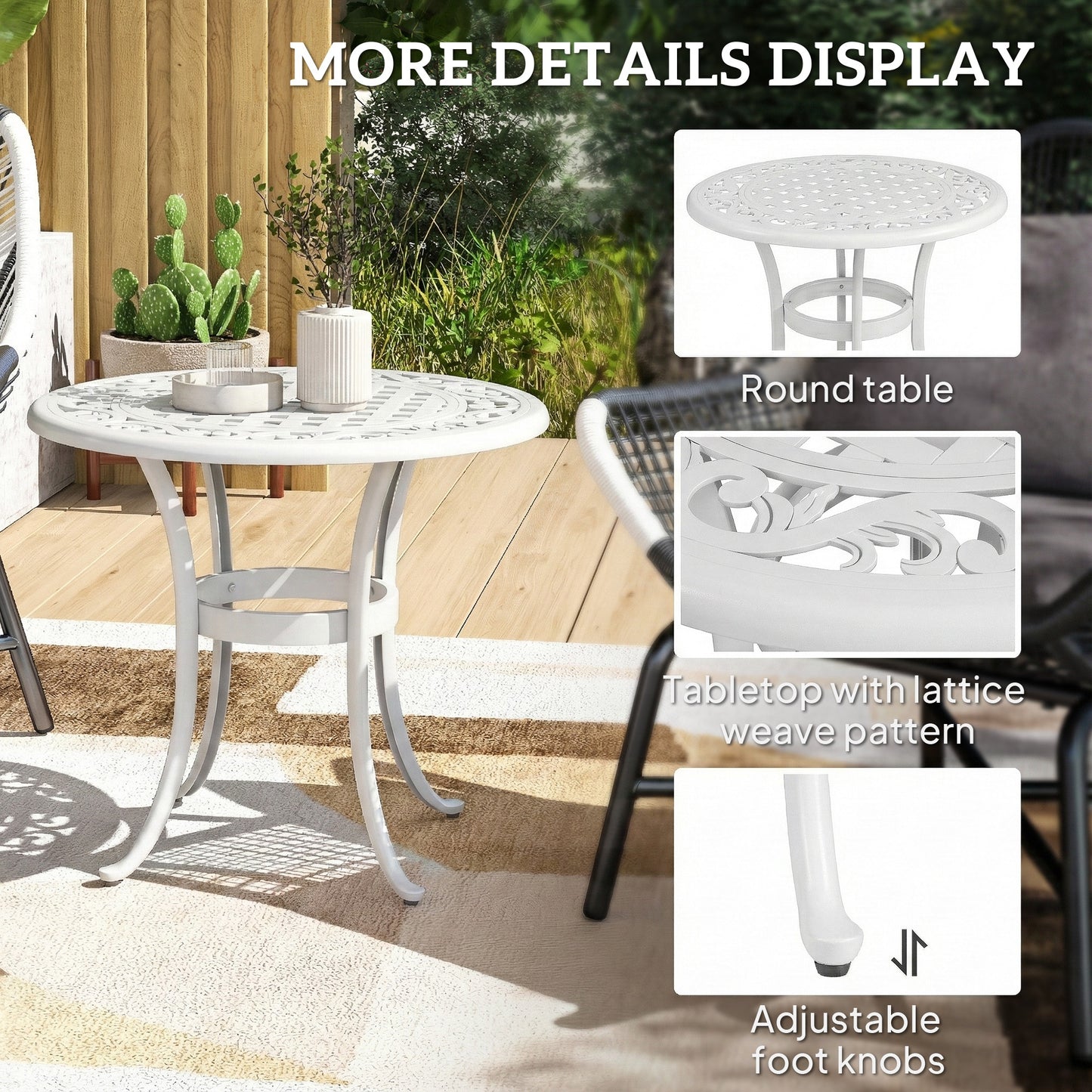 Outsunny 60 cm Round Garden Table Cast Aluminium Outdoor Patio Table White Elegant Cutout Top