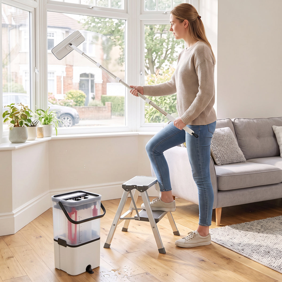 Mop and dual-chamber bucket set used to clean floors with a swivel flat mop head.