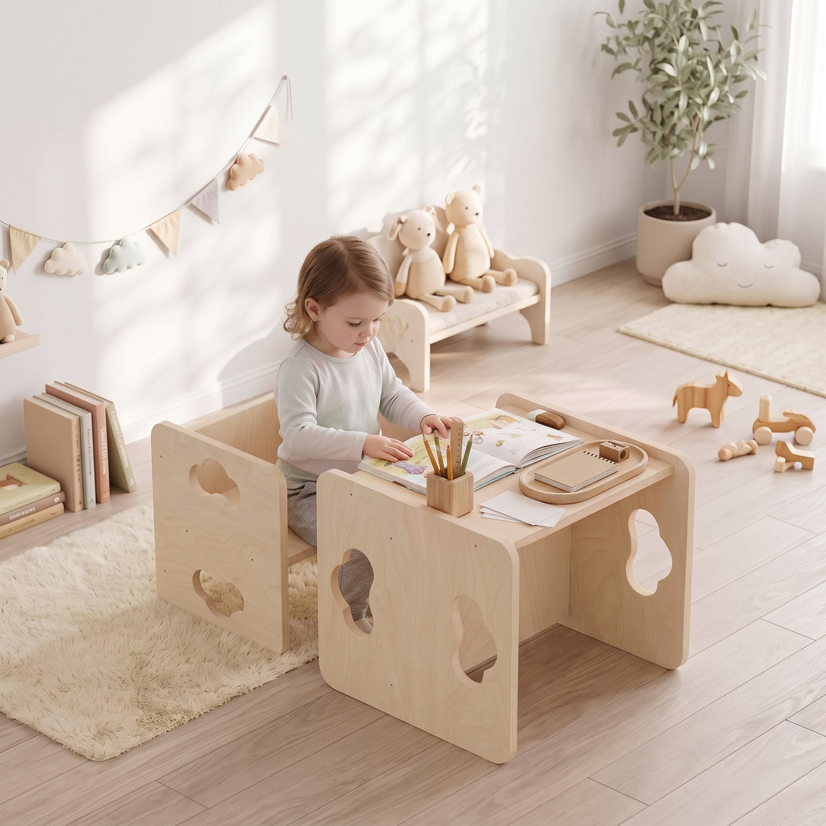 Montessori-style toddler table and chair set, light wood with animal-shaped cutouts