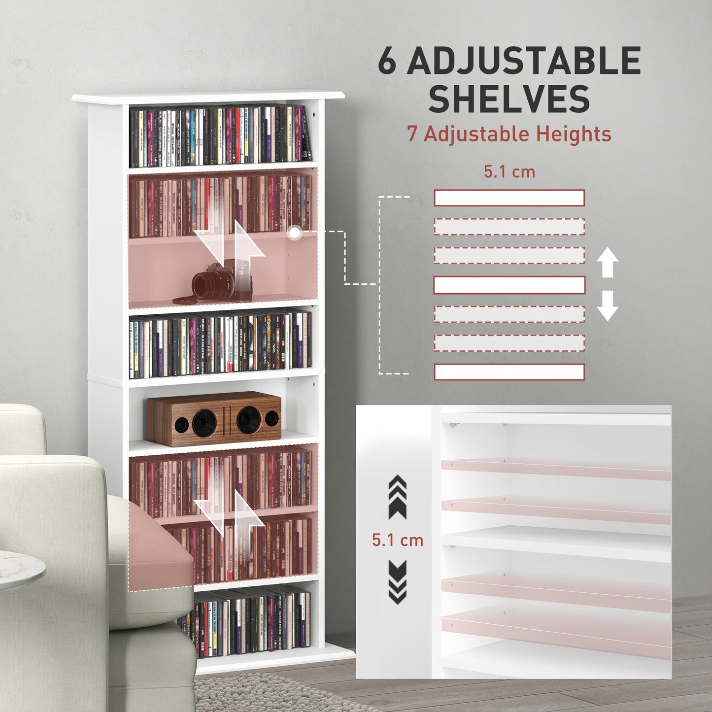 HOMCOM 360 CD Storage Unit White With 8 Shelves Holds 360 CDs Or 185 DVDs Blu Rays Anti Tip Straps For Wall Fixing