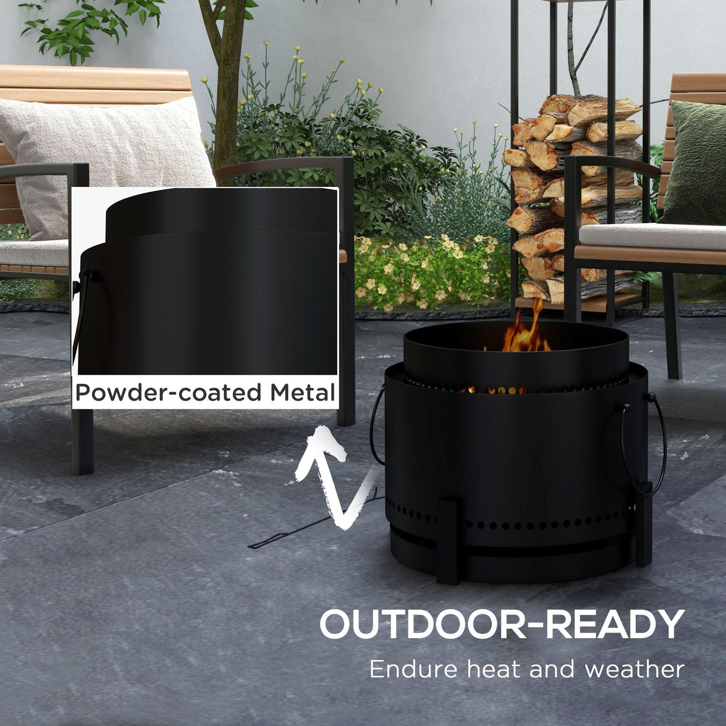 Outsunny Smokeless Fire Pit, 37cm Portable Wood Burning Firepit with Poker for Garden Camping Bonfire Party, Metal, Black - ALL4U RETAILER LTD