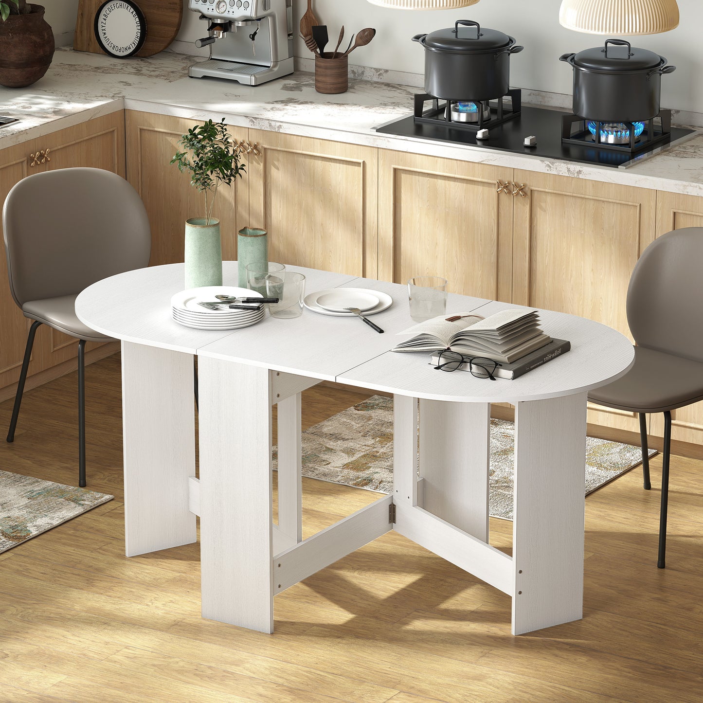 HOMCOM Folding Dining Table With Drop Leaf For Small Spaces, Oval Ash Wood Effect Tabletop