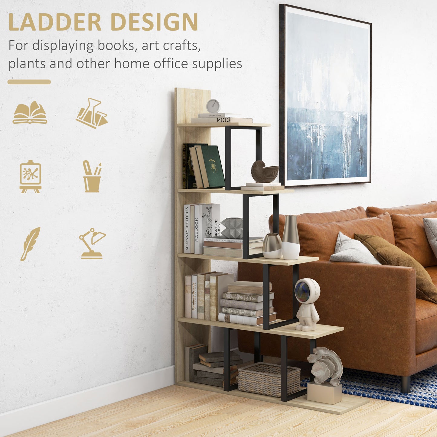 HOMCOM 5 Tier Wooden Ladder Bookshelf Display Stand Oak Finish For Home Office Living Room Organization