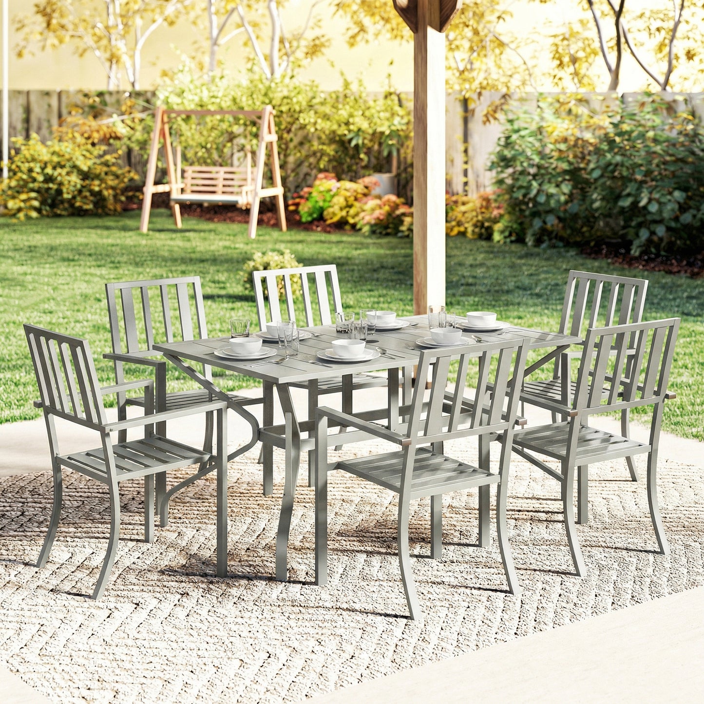 Outsunny 7 Piece Garden Table And Chairs Set With Umbrella Hole 6 Seater Outdoor Dining Set In Light Grey