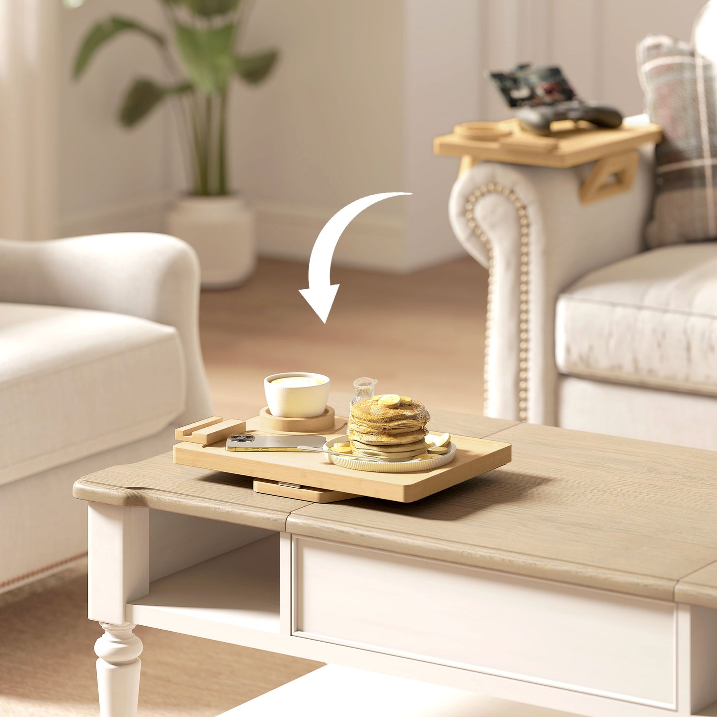 HOMCOM Anti Slip Sofa Armrest Tray Bamboo Arm Tray With 360 Degree Phone Holder And Removable Cup Holder Natural