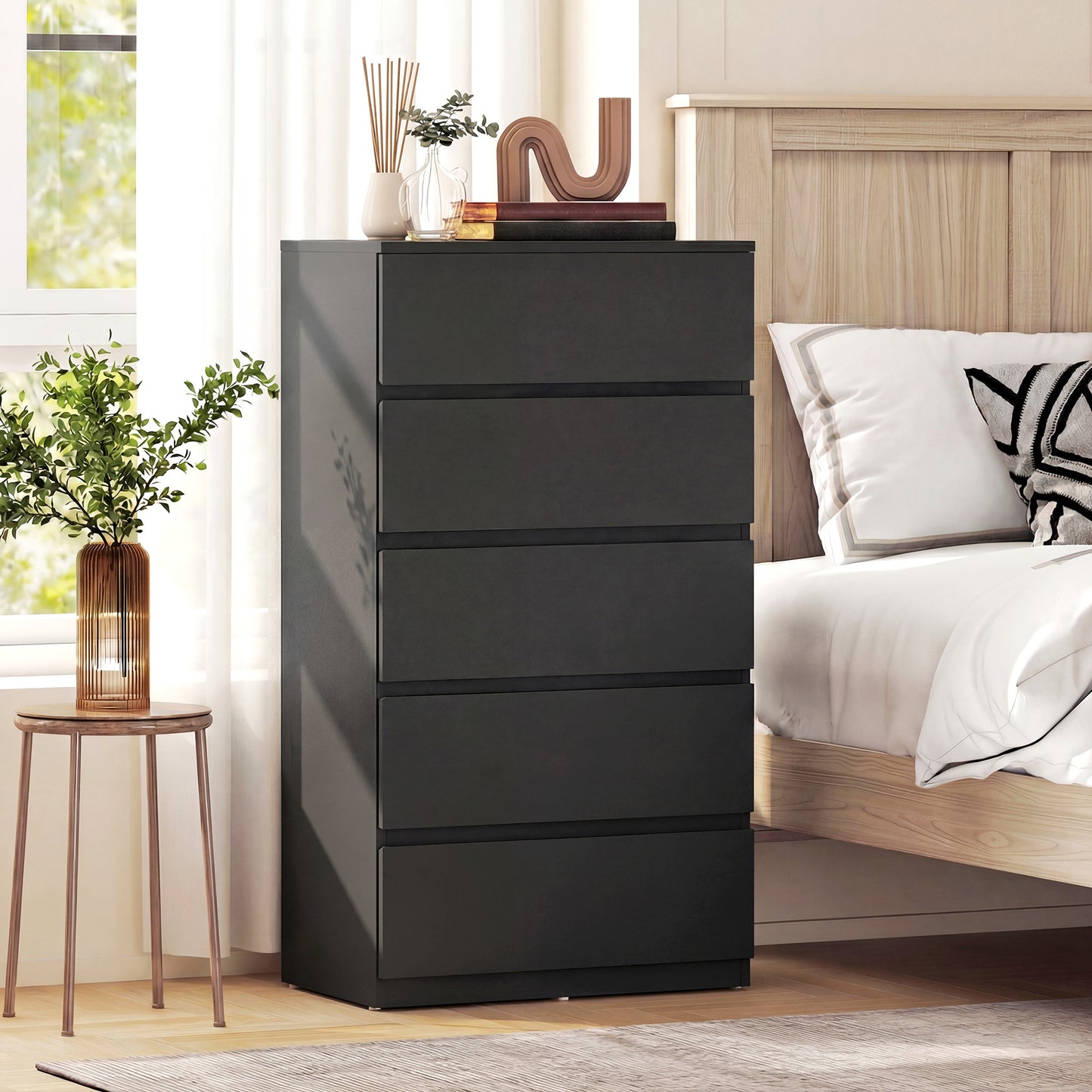 HOMCOM Five Drawer Chest Modern Dresser For Bedroom Storage And Space Saving Organization